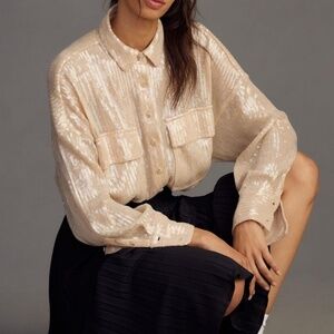 PILCRO BY Anthropologie Sequin Buttondown Shirt, XLARGE(Soft Beige)